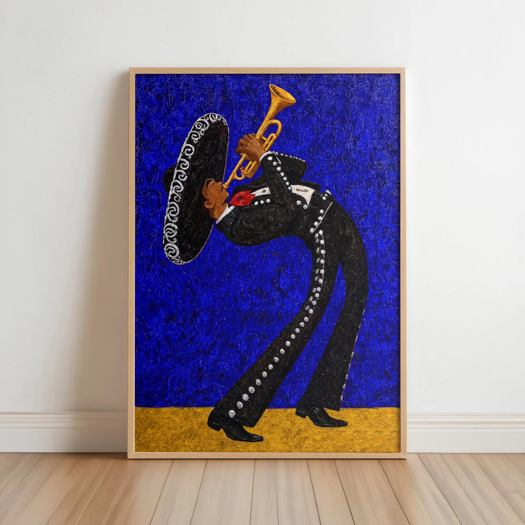 Framed mariachi wall art print leaning, cobalt blue glitter background, dramatic trumpet player silhouette, gold accent strip