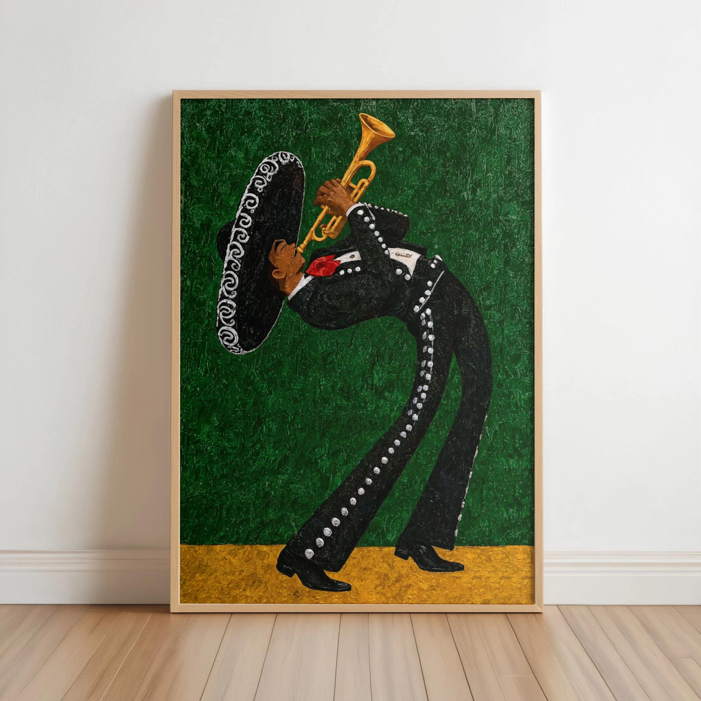 Framed mariachi wall art print leaning, emerald green textured background, arched charro figure with trumpet, gold lower strip