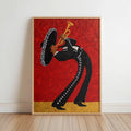 Framed mariachi wall art print on floor, red glitter background, black charro bending with trumpet, gold lower panel
