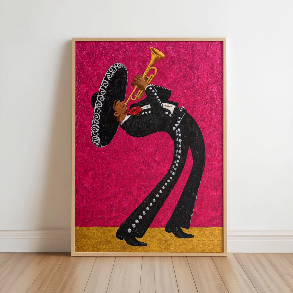 Framed mariachi wall art print leaning, hot pink textured background, stylized sombrero and trumpet, contrasting gold lower panel