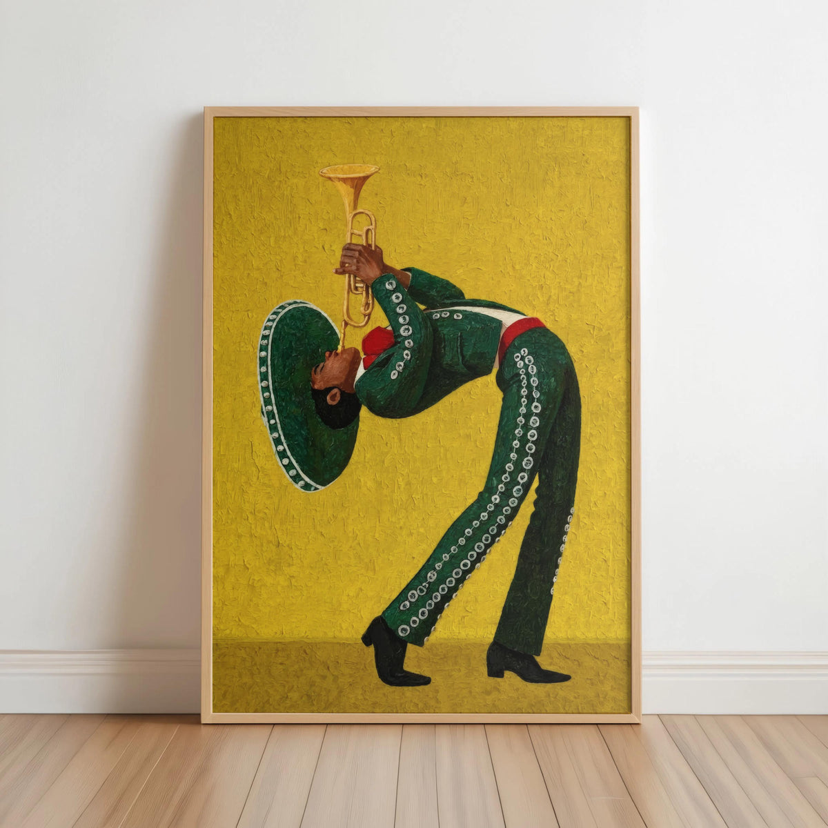Mustard yellow mariachi wall art, trumpet-playing charro leaning back, textured vintage poster vibe.