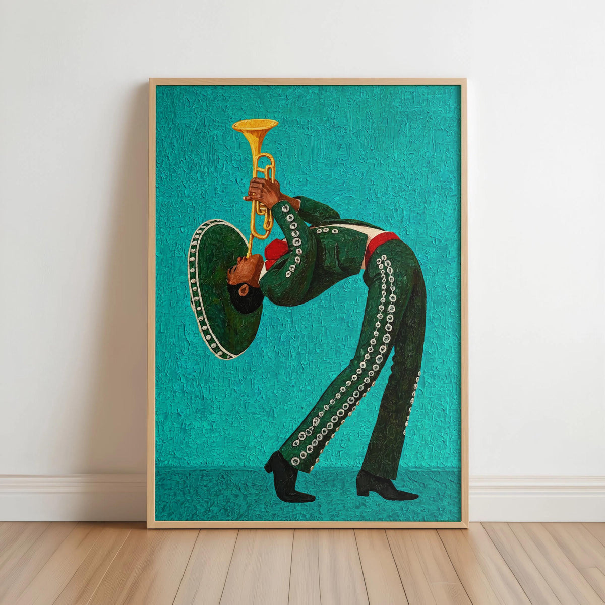 Turquoise mariachi wall art, trumpet wall art with vivid colors and vintage textured poster finish.