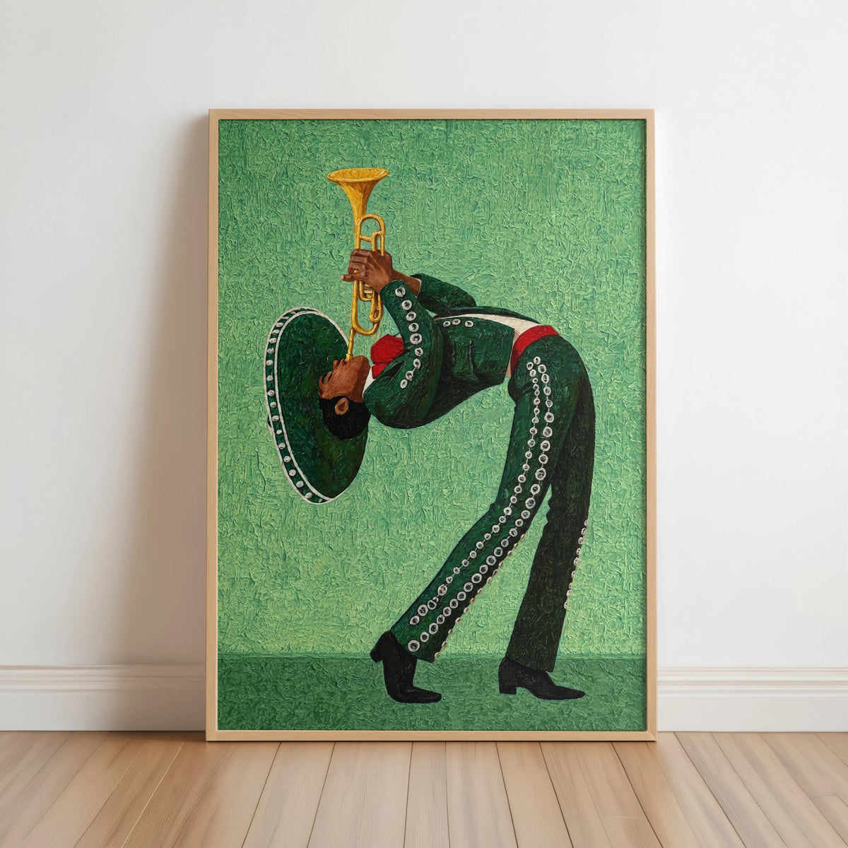 Framed mariachi wall art with sage green background, dramatic leaning charro musician on floor.
