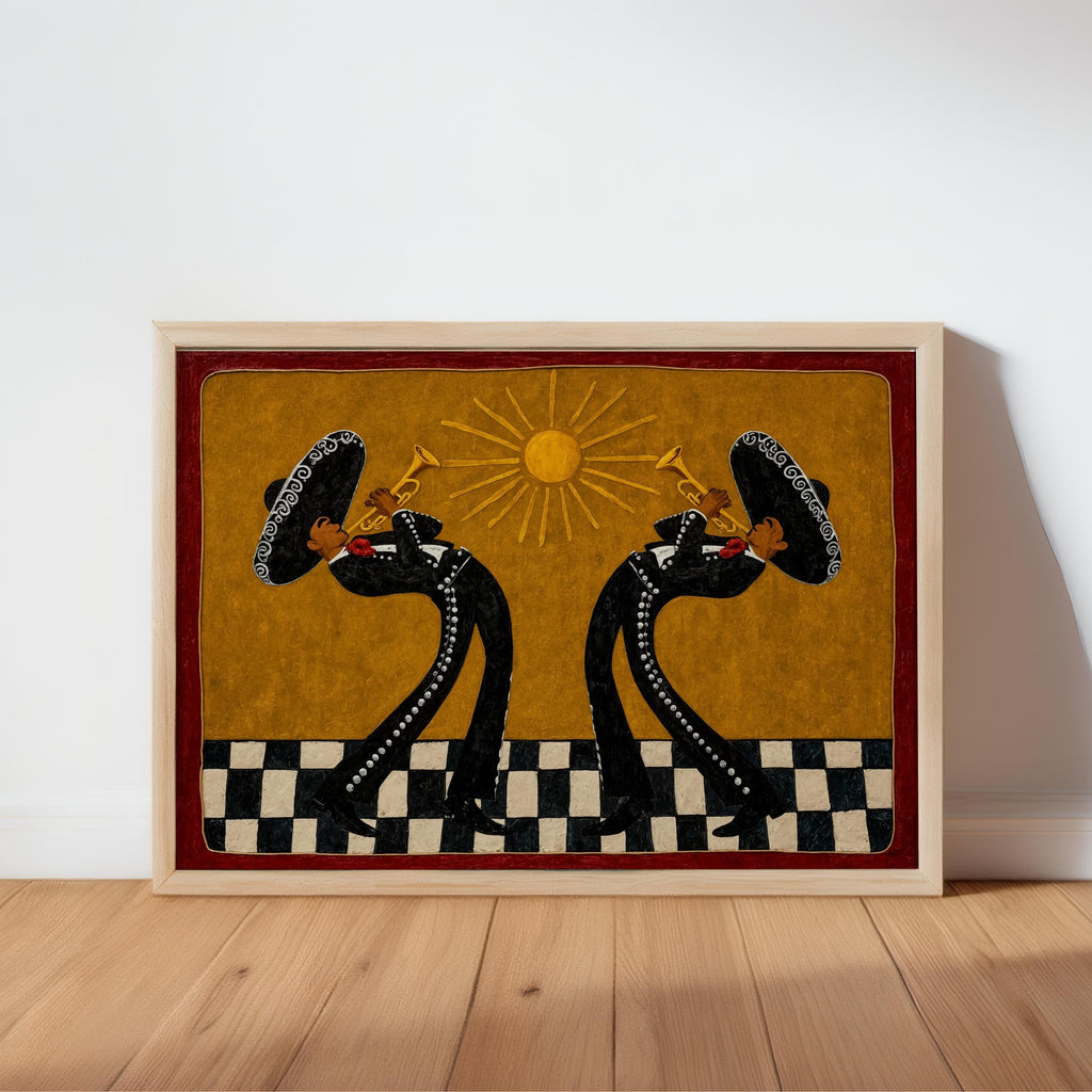 Southwestern Musicians Print, Mexican Folk Art Painting, Mariachi Trumpet Players Canvas, Checkered Cultural Print, Latin Culture Decor Gift