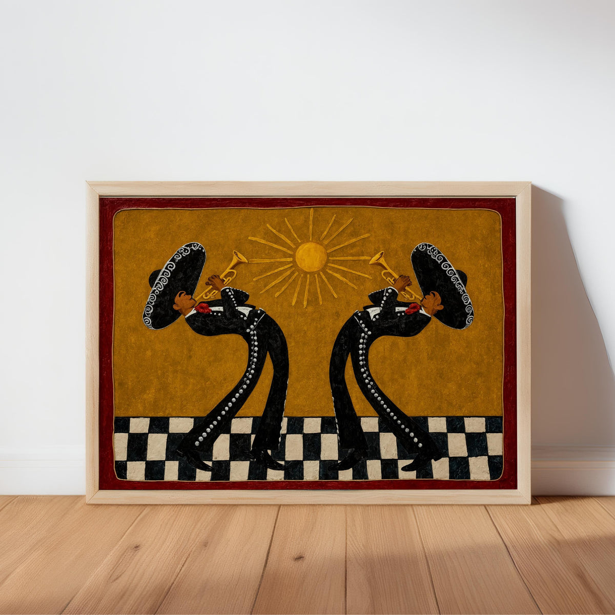 Southwestern Musicians Print, Mexican Folk Art Painting, Mariachi Trumpet Players Canvas, Checkered Cultural Print, Latin Culture Decor Gift