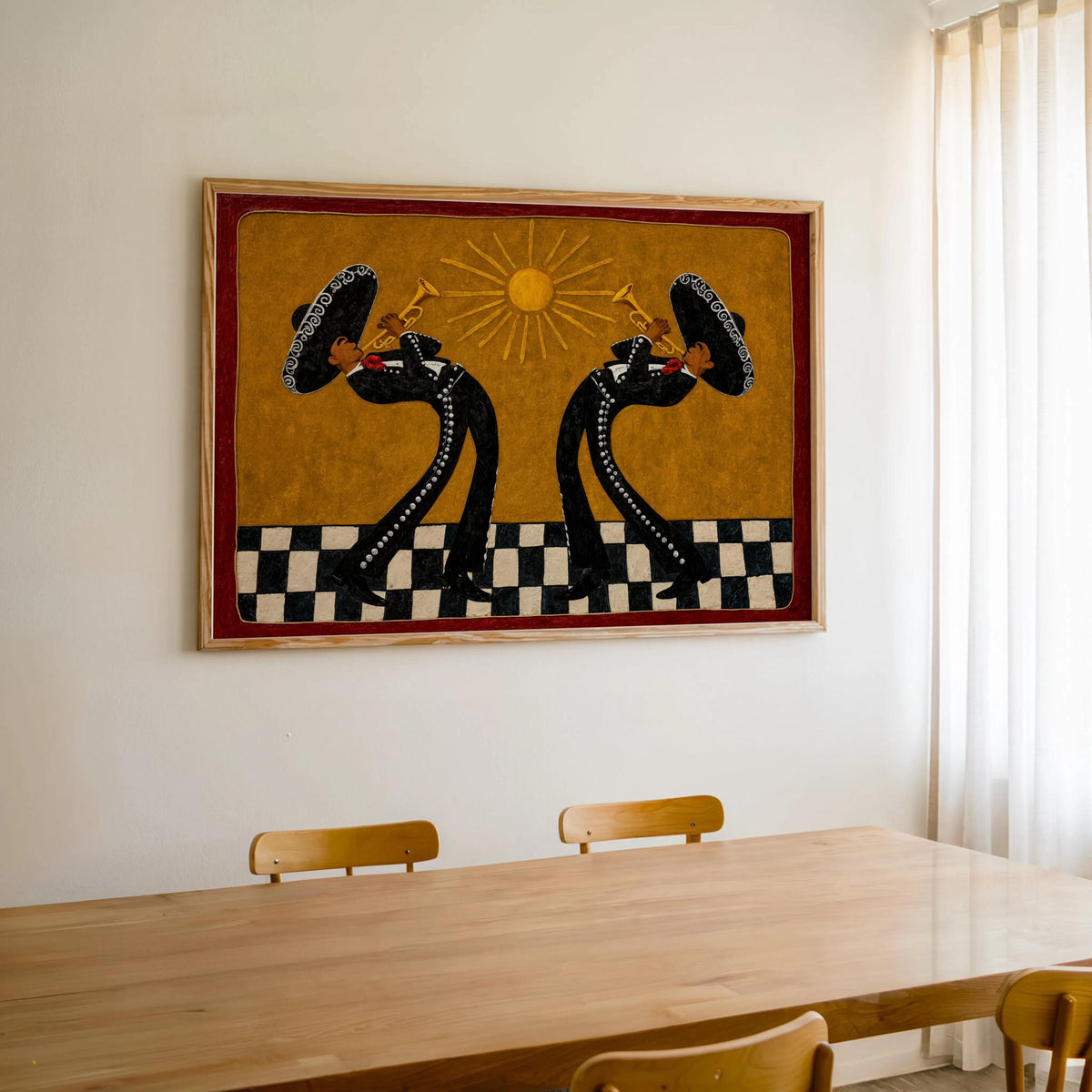Southwestern Musicians Print, Mexican Folk Art Painting, Mariachi Trumpet Players Canvas, Checkered Cultural Print, Latin Culture Decor Gift