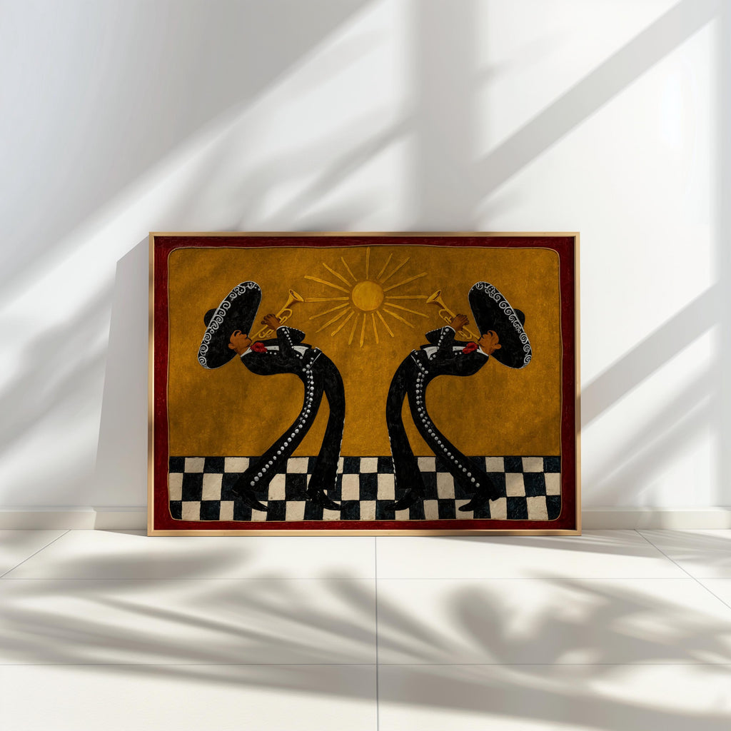 Southwestern Musicians Print, Mexican Folk Art Painting, Mariachi Trumpet Players Canvas, Checkered Cultural Print, Latin Culture Decor Gift