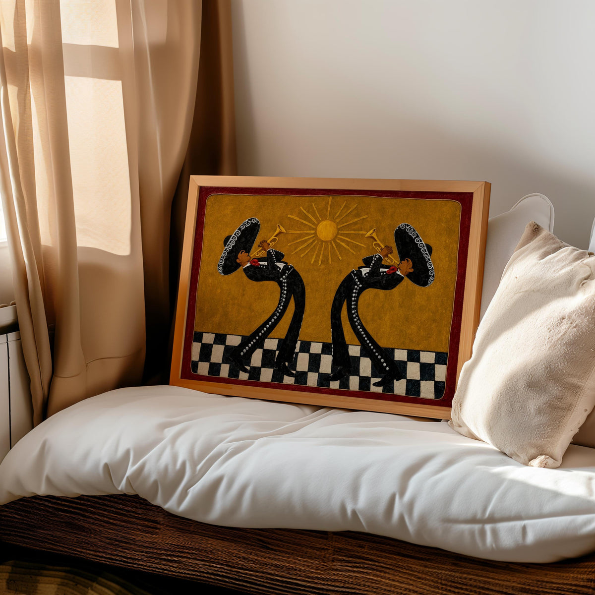 Southwestern Musicians Print, Mexican Folk Art Painting, Mariachi Trumpet Players Canvas, Checkered Cultural Print, Latin Culture Decor Gift