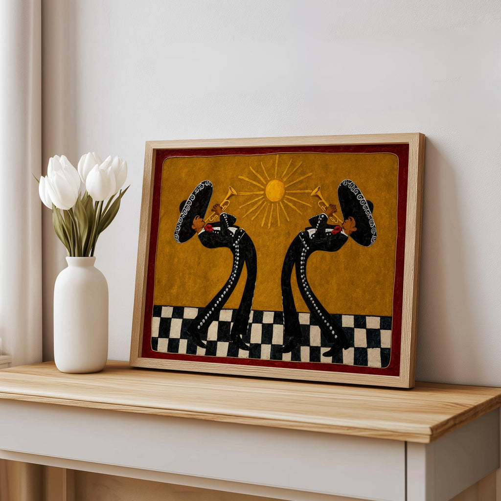 Southwestern Musicians Print, Mexican Folk Art Painting, Mariachi Trumpet Players Canvas, Checkered Cultural Print, Latin Culture Decor Gift