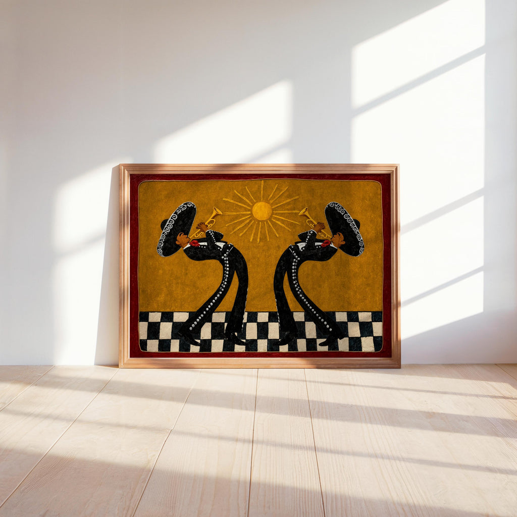 Southwestern Musicians Print, Mexican Folk Art Painting, Mariachi Trumpet Players Canvas, Checkered Cultural Print, Latin Culture Decor Gift