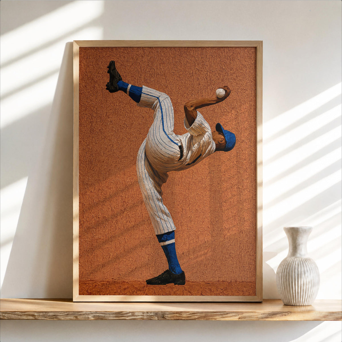 Framed portrait print on burnt orange texture, dynamic Afrocentric baseball pitcher winding up, baseball pitcher wall art, man cave baseball decor vibe