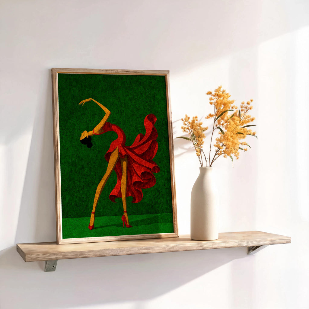 Green background salsa dancer wall art on shelf, colorful dance wall art styled with vase