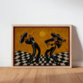 Framed mariachi wall art leaning against a white wall, mustard sunburst, wavy checkerboard floor