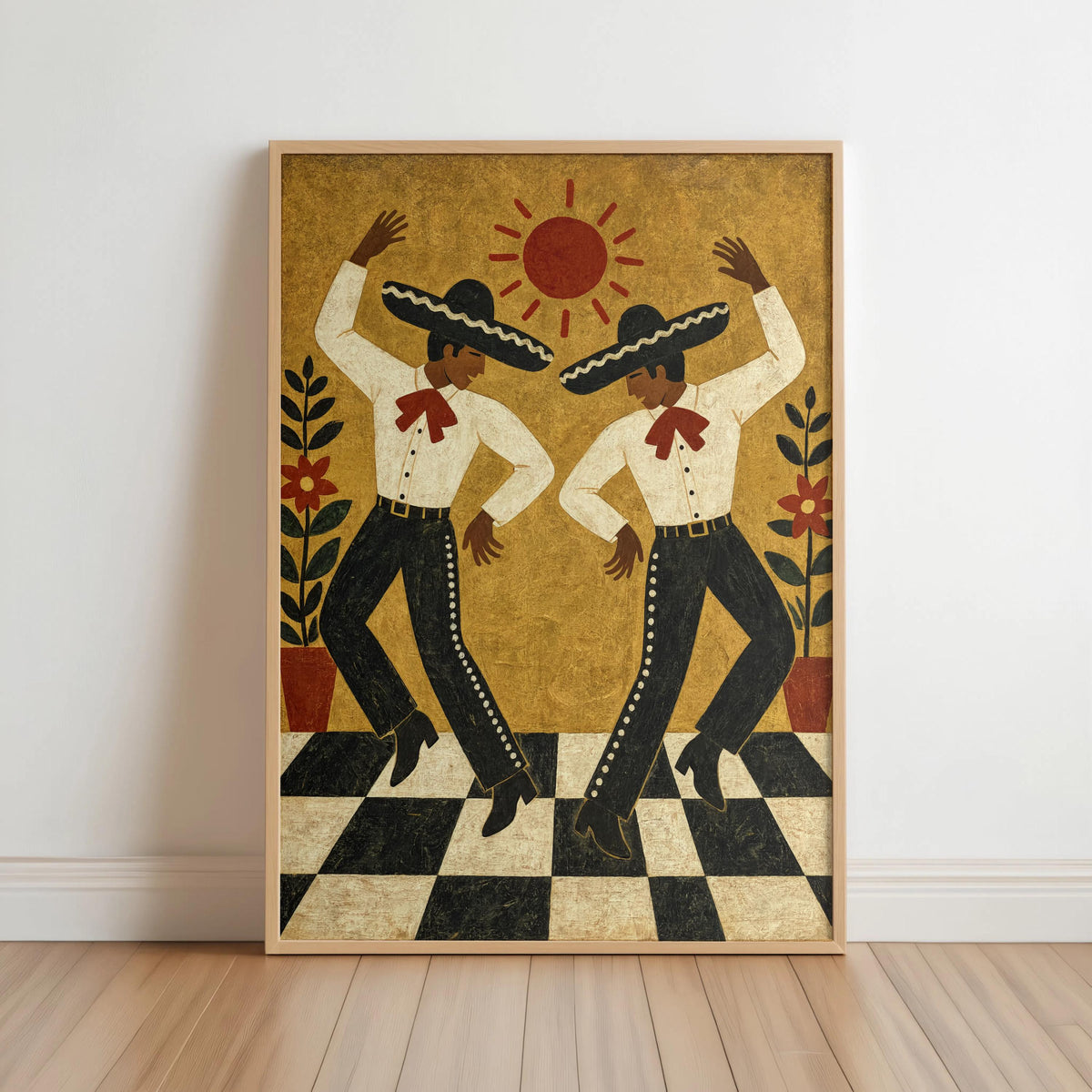Framed Mexican folk dance wall art leaning on white wall, ochre tones, red sun, checkered floor