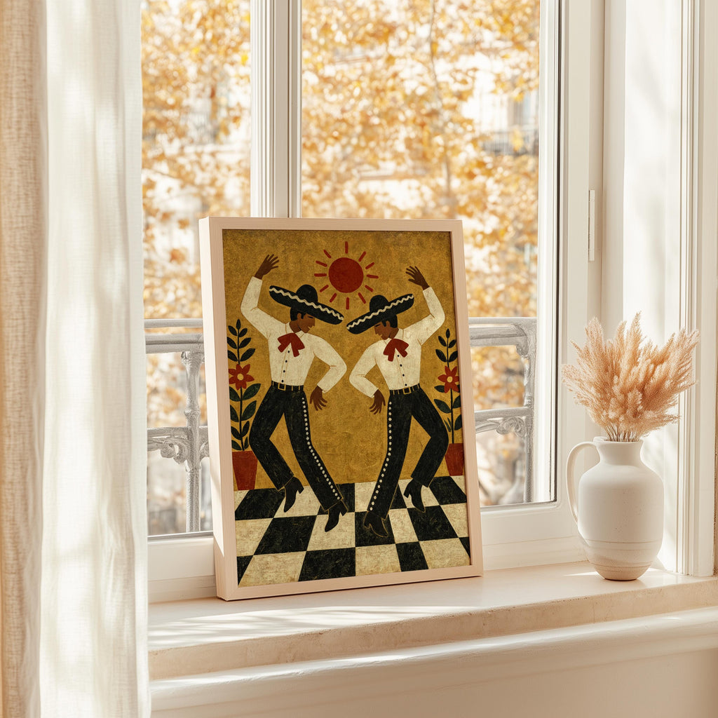 Sunlit window display with Mexican folk dance wall art, golden light, charro dancers, colorful Southwestern Mexican art vibe