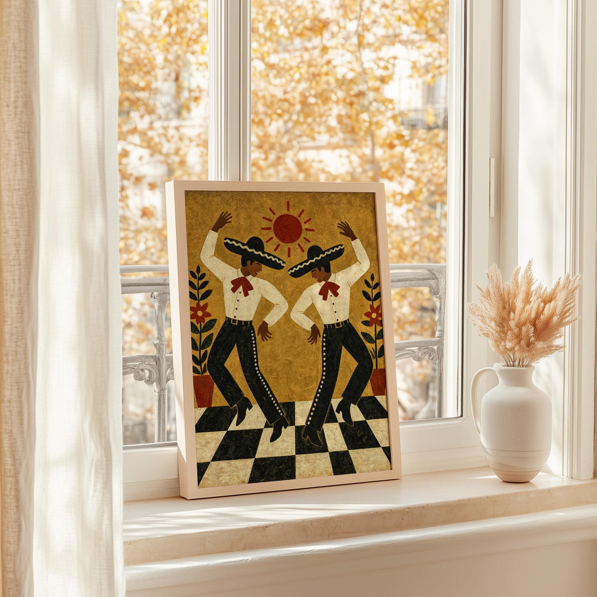 Sunlit window display with Mexican folk dance wall art, golden light, charro dancers, colorful Southwestern Mexican art vibe