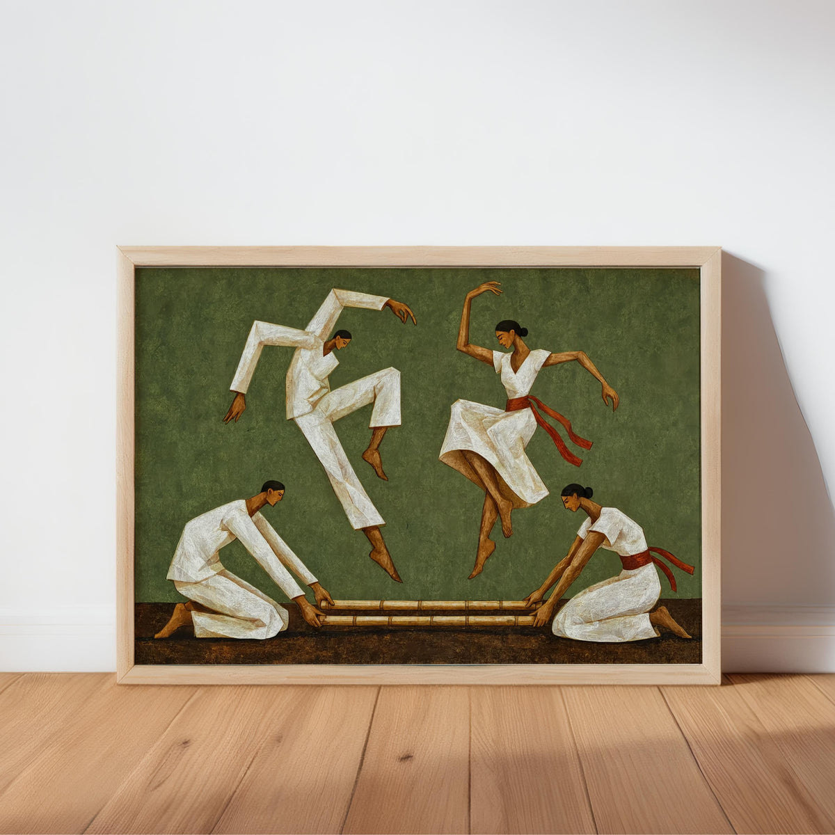 Sage green Tinikling art print, wooden frame propped against wall, handcrafted Filipino wall art