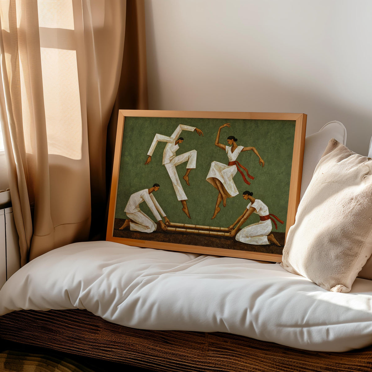 Sage Tinikling art print placed on bed beside curtains, Pinoy wall decor in a relaxed bedroom scene