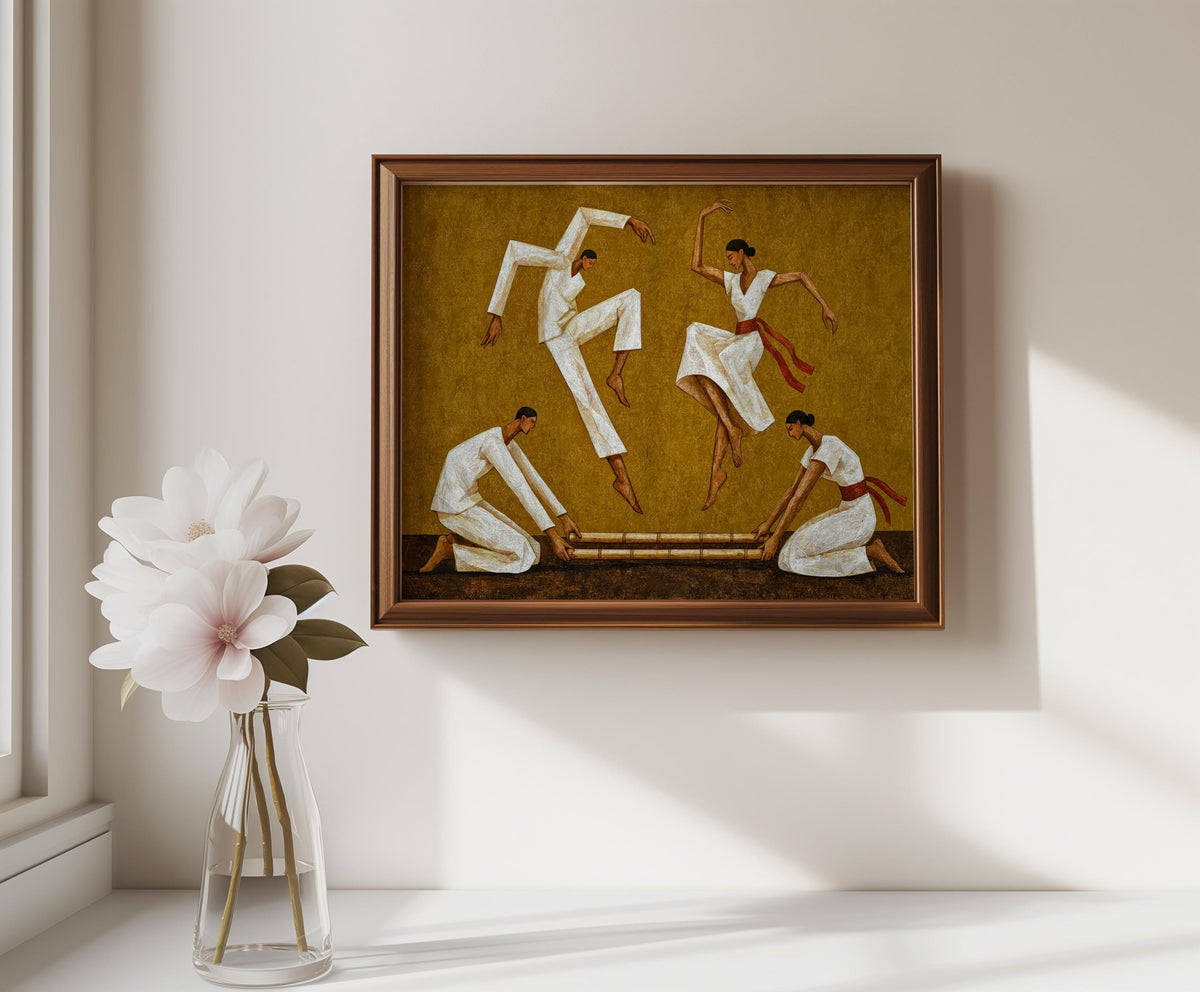Ochre Tinikling art print framed and hung above a console, paired with a simple vase, Filipino culture print