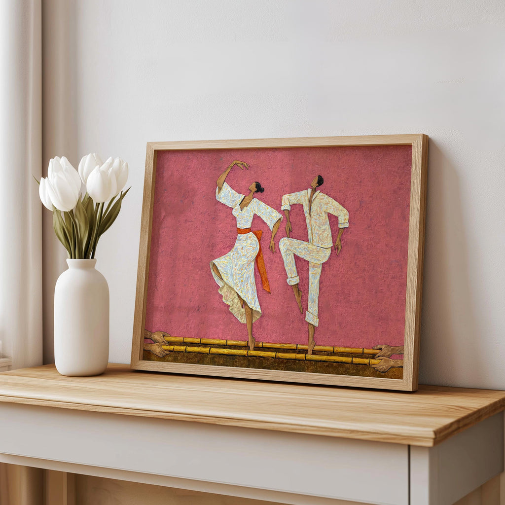 Dusty rose Filipino Tinikling Art Print on console, framed styling with white vase, Filipina dancer highlighted