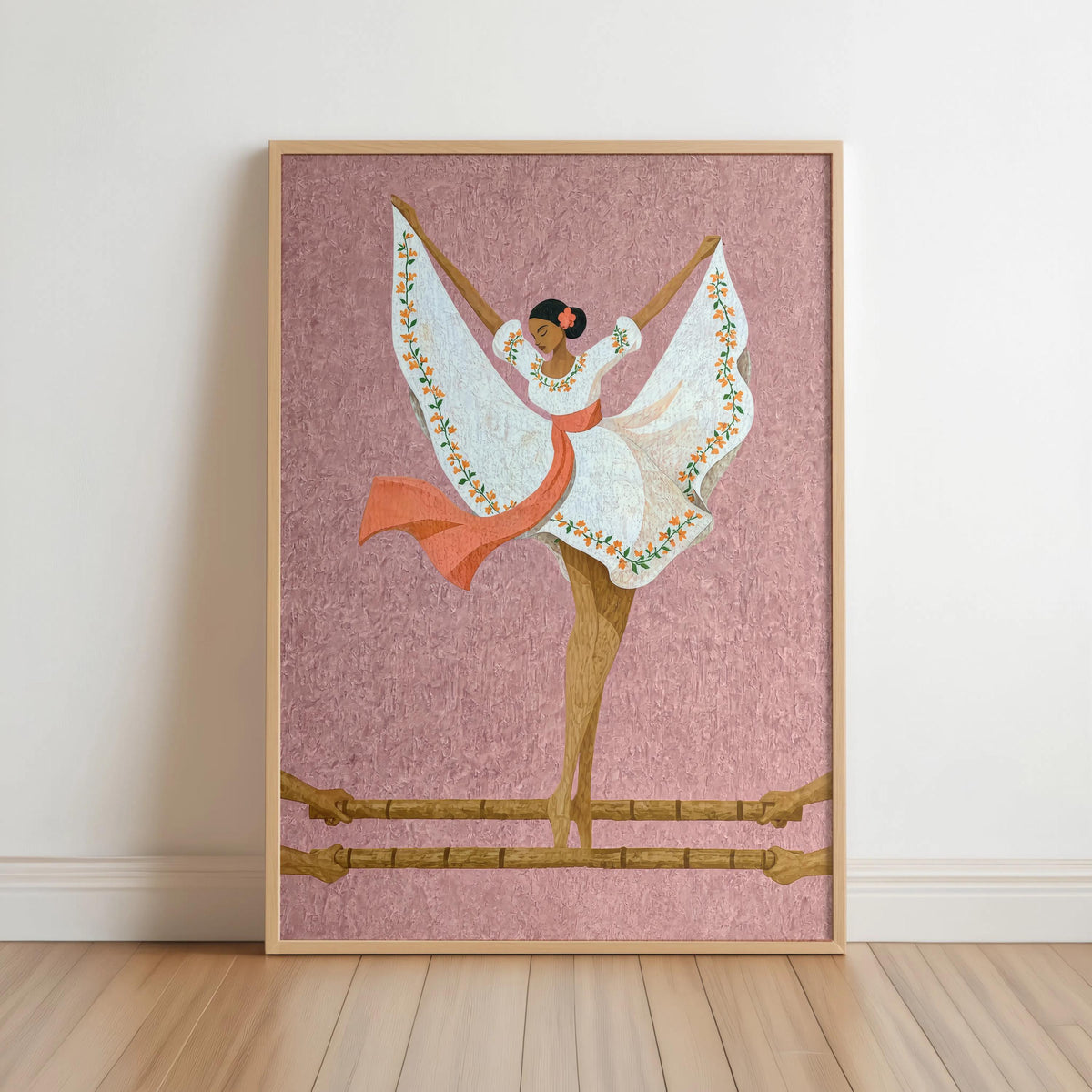 Framed Filipino folk dance wall art on dusty rose background, Filipina in white Maria Clara dress with red sash and butterfly sleeves