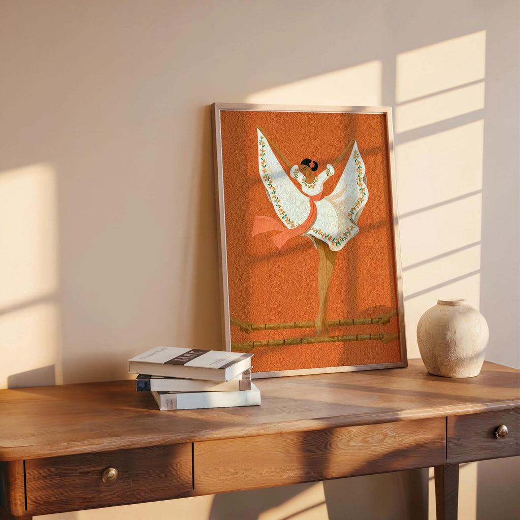 Sunlit vignette with terracotta Maria Clara wall art on rustic table, Filipino folk dance wall art as statement decor