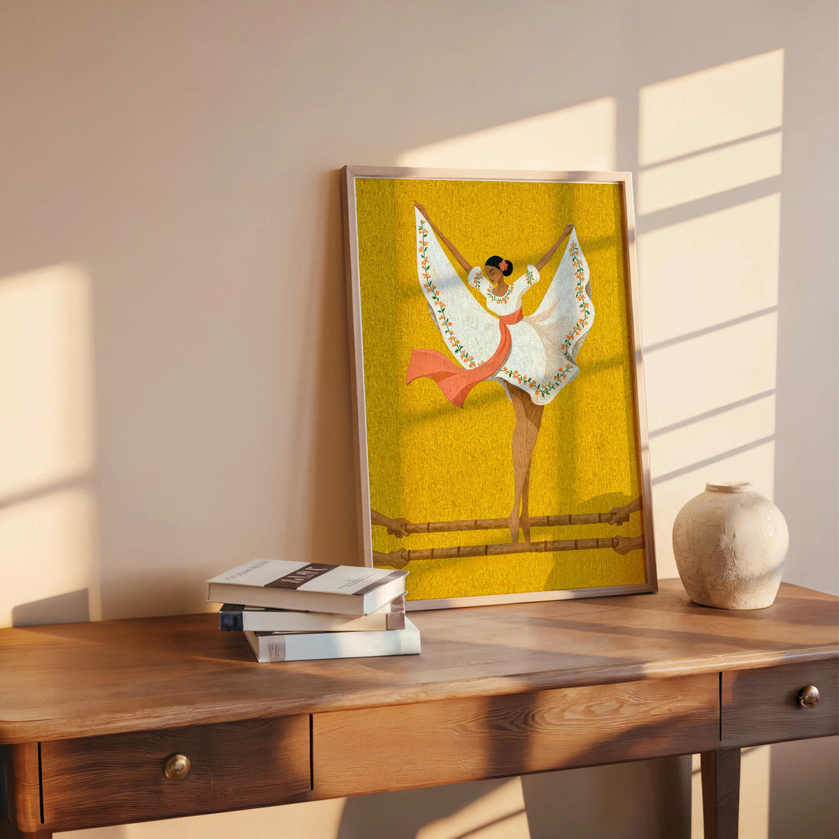 Mustard yellow Maria Clara wall art displayed on console, Filipino cultural art print glowing in morning light, gift-ready