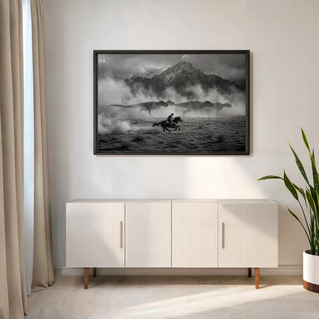 Cowboy Chasing Dinosaurs on Horse Art Print, Surreal Black and White Western Wall Decor, Epic Mountain Landscape Poster, Southwestern Dino