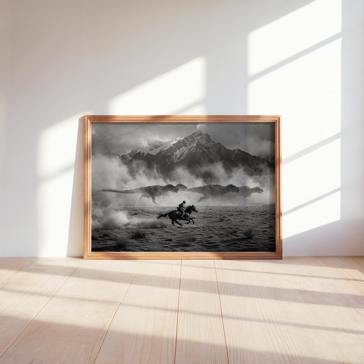 Cowboy Chasing Dinosaurs on Horse Art Print, Surreal Black and White Western Wall Decor, Epic Mountain Landscape Poster, Southwestern Dino
