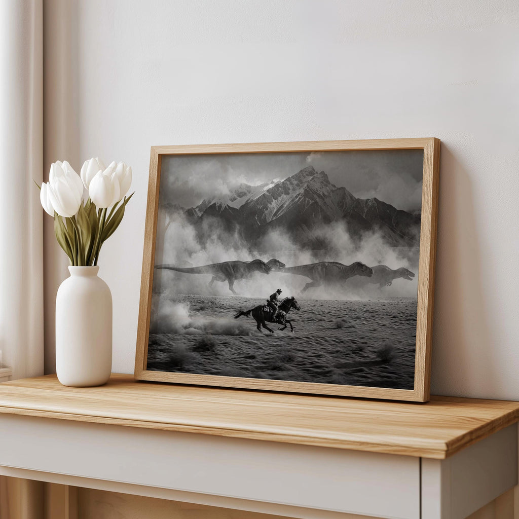 Cowboy Chasing Dinosaurs on Horse Art Print, Surreal Black and White Western Wall Decor, Epic Mountain Landscape Poster, Southwestern Dino