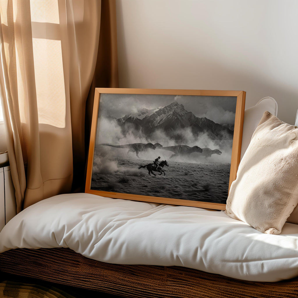 Cowboy Chasing Dinosaurs on Horse Art Print, Surreal Black and White Western Wall Decor, Epic Mountain Landscape Poster, Southwestern Dino