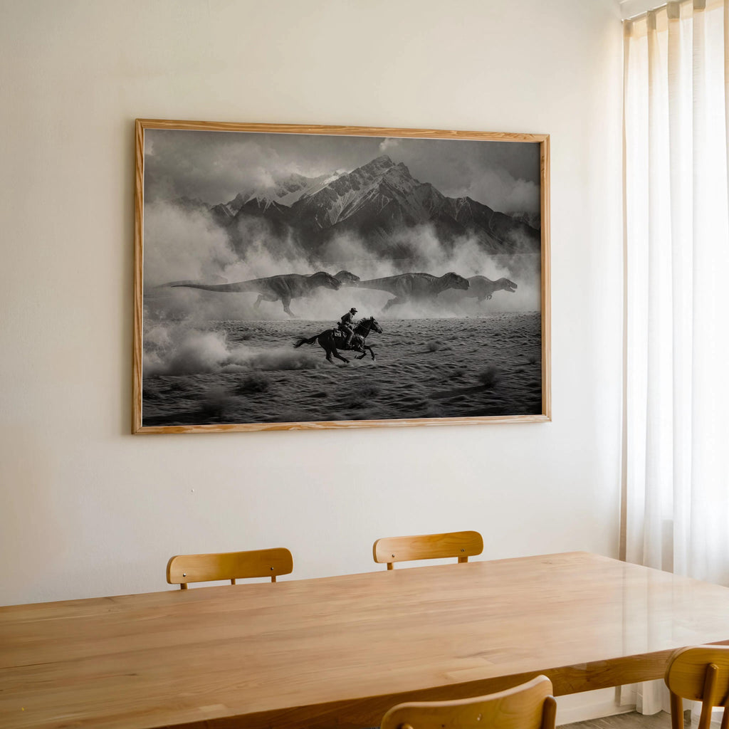 Cowboy Chasing Dinosaurs on Horse Art Print, Surreal Black and White Western Wall Decor, Epic Mountain Landscape Poster, Southwestern Dino