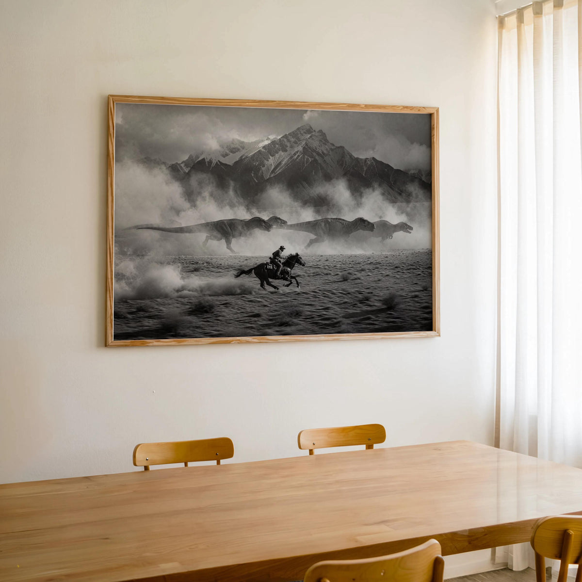 Cowboy Chasing Dinosaurs on Horse Art Print, Surreal Black and White Western Wall Decor, Epic Mountain Landscape Poster, Southwestern Dino