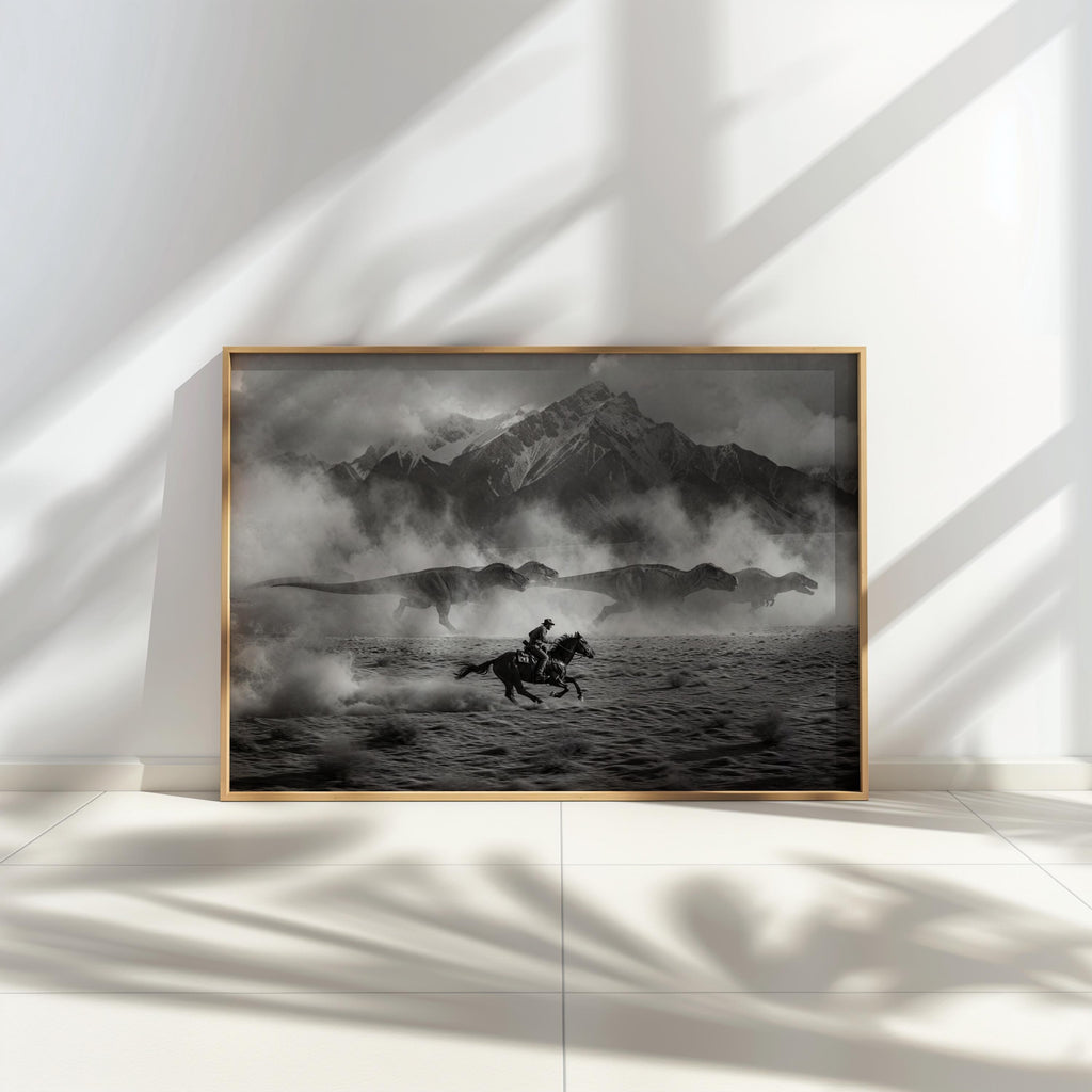 Cowboy Chasing Dinosaurs on Horse Art Print, Surreal Black and White Western Wall Decor, Epic Mountain Landscape Poster, Southwestern Dino