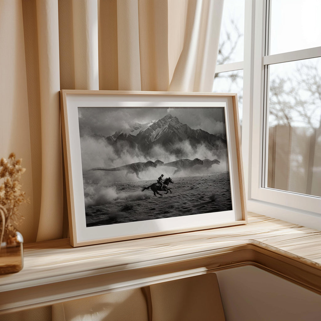 Cowboy Chasing Dinosaurs on Horse Art Print, Surreal Black and White Western Wall Decor, Epic Mountain Landscape Poster, Southwestern Dino