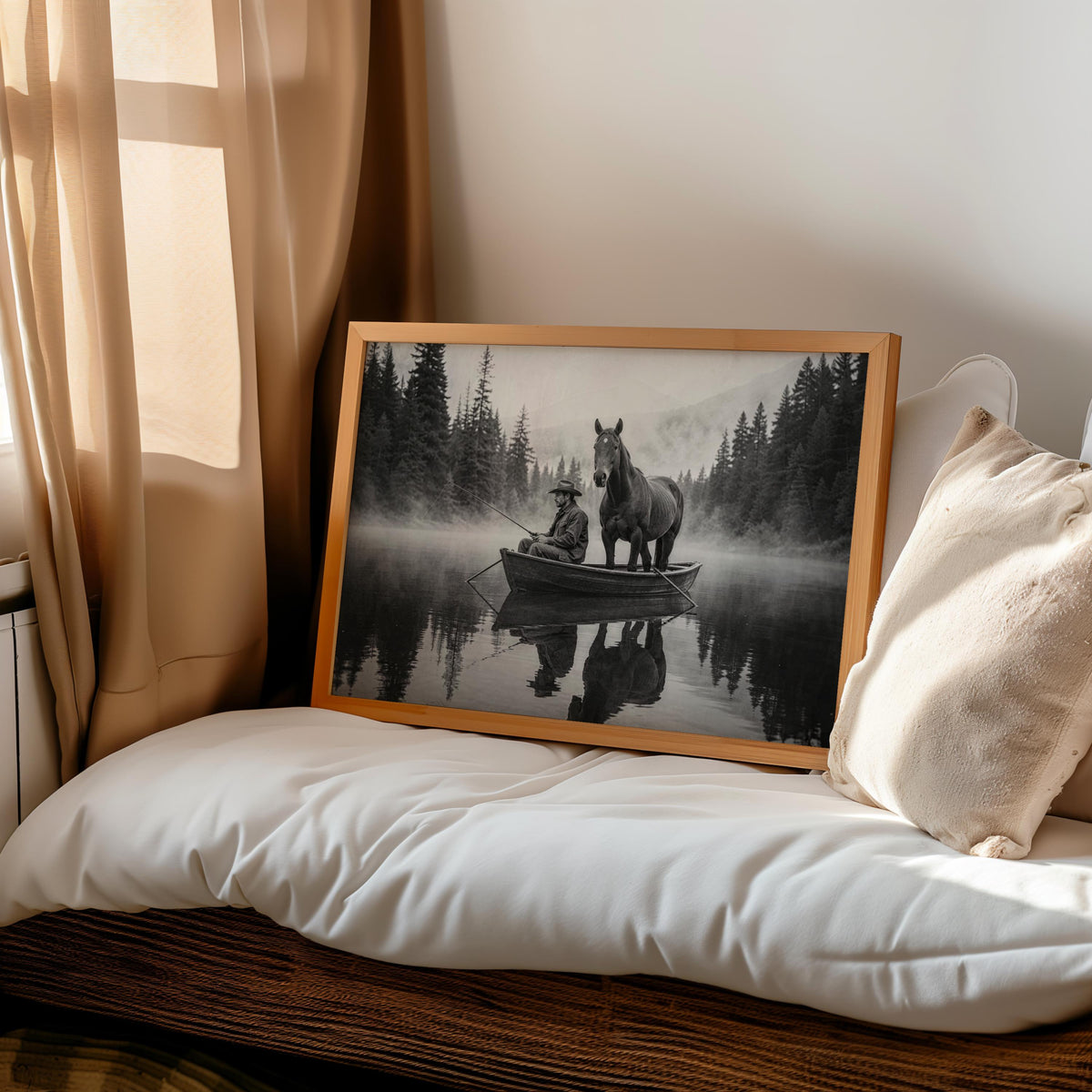 Leaning print by a cozy bed, cowboy fishing wall art print adding moody western fishing art charm