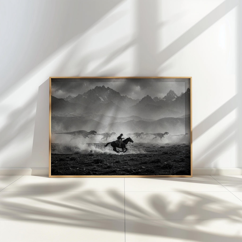 Centered frame on white shelf, monochrome cowboy dinosaur wall art, vintage western wall decor vibe