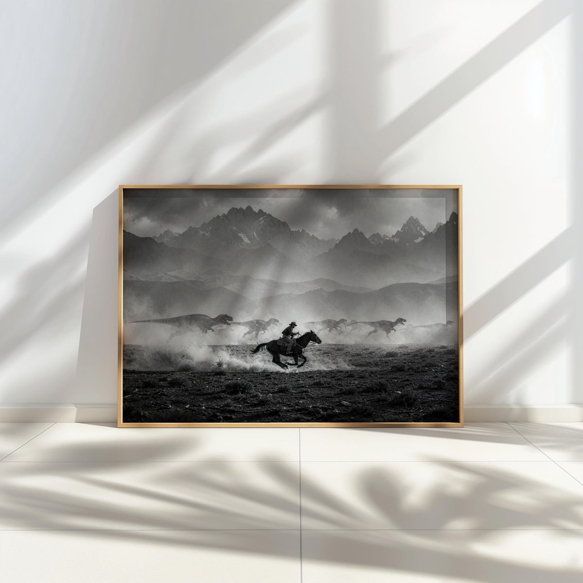 Centered frame on white shelf, monochrome cowboy dinosaur wall art, vintage western wall decor vibe