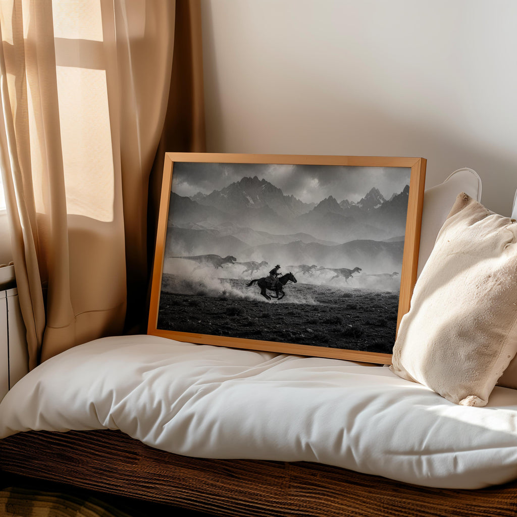 Cowboy dinosaur wall art propped on floor pillow, cinematic vintage photography look, strong contrast