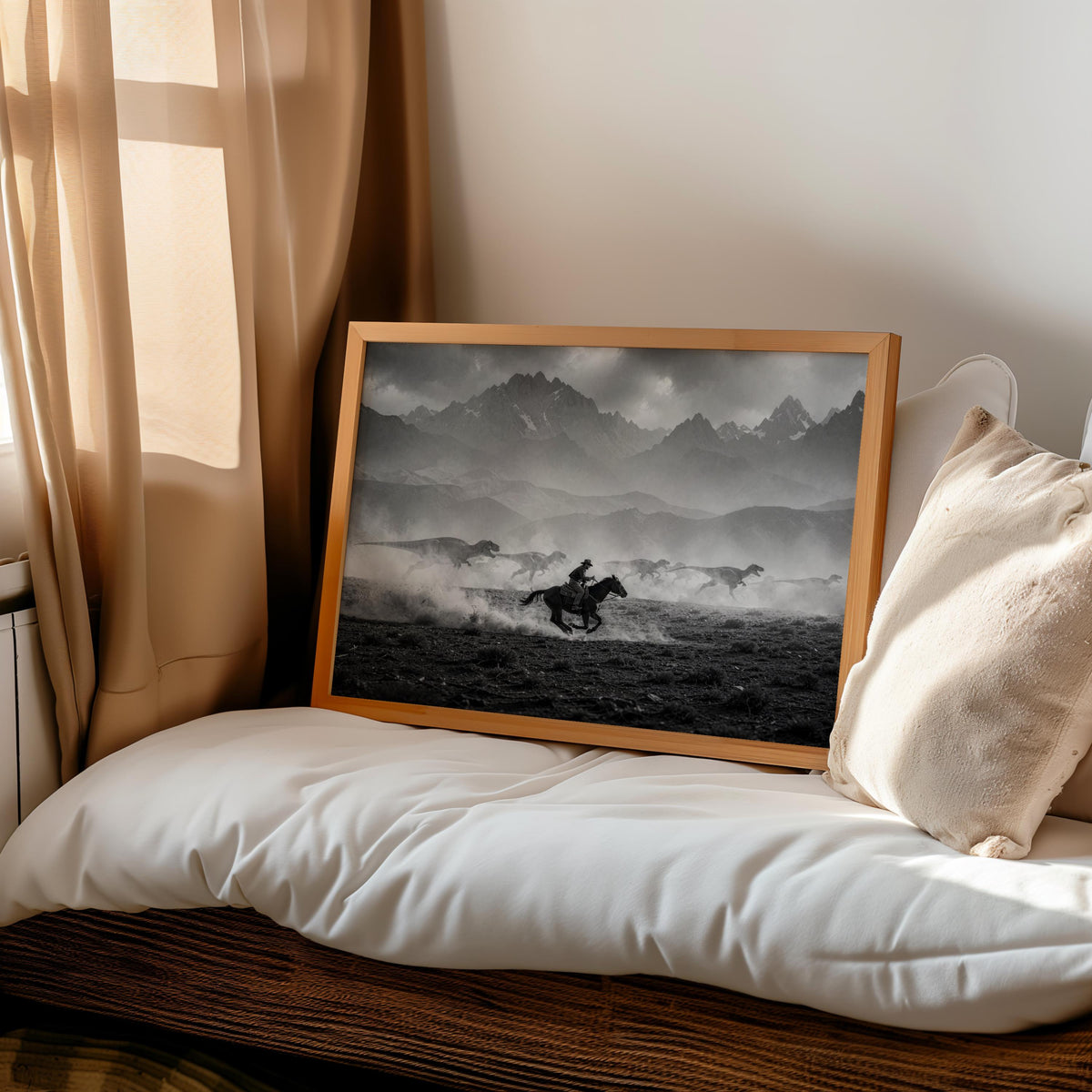 Cowboy dinosaur wall art propped on floor pillow, cinematic vintage photography look, strong contrast