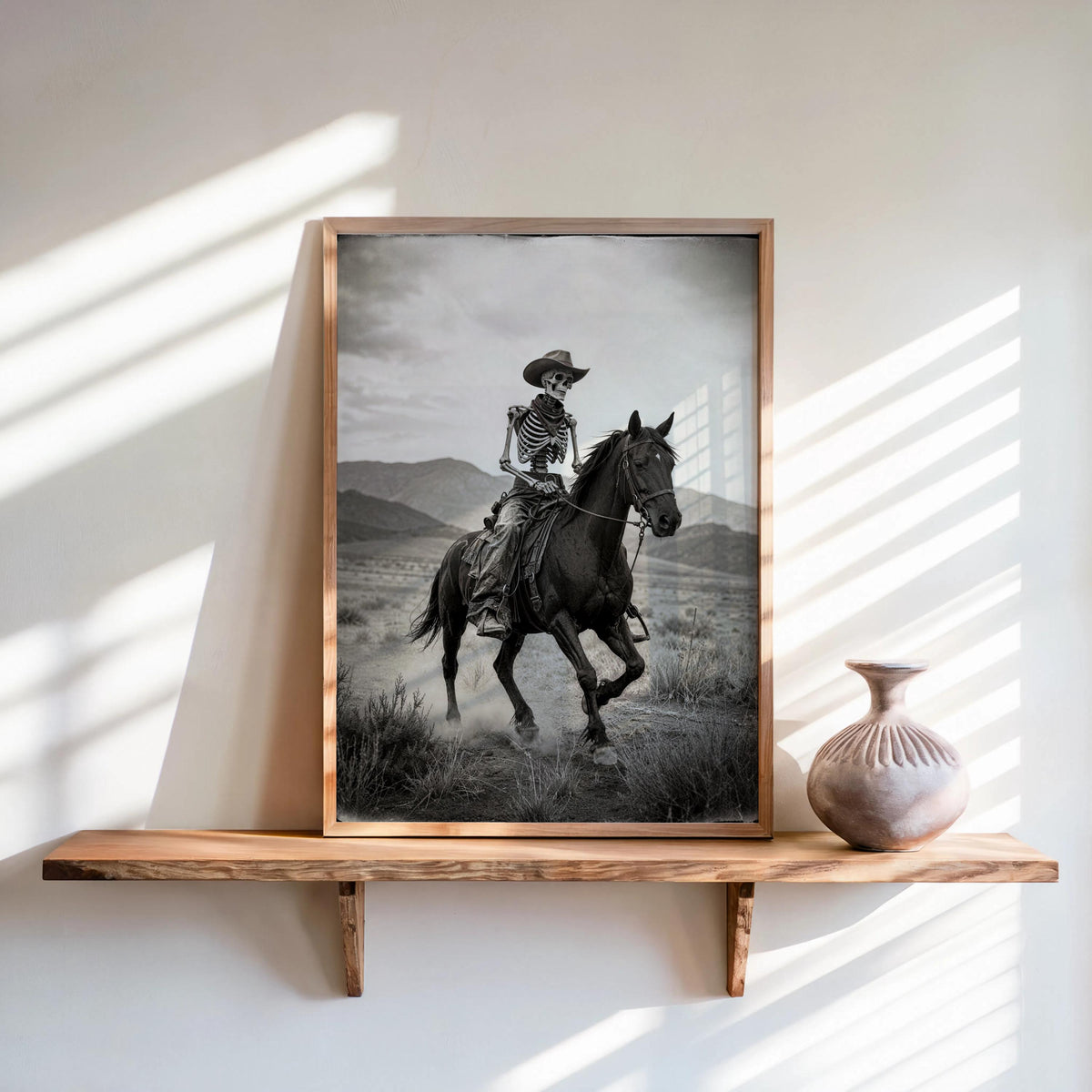 Skeleton Cowboy Riding Horse Art Print, Vintage Western Gothic Wall Decor, Spooky Halloween Desert Landscape Photo, Funny Dark Occult Poster