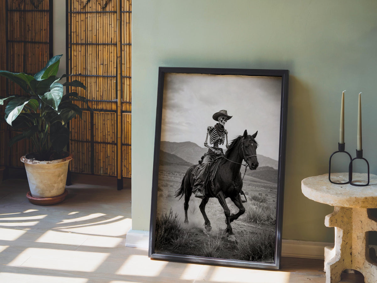 Skeleton Cowboy Riding Horse Art Print, Vintage Western Gothic Wall Decor, Spooky Halloween Desert Landscape Photo, Funny Dark Occult Poster