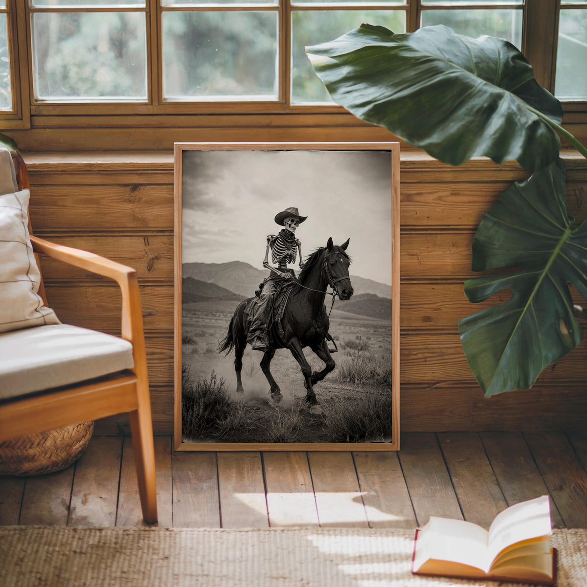 Skeleton Cowboy Riding Horse Art Print, Vintage Western Gothic Wall Decor, Spooky Halloween Desert Landscape Photo, Funny Dark Occult Poster