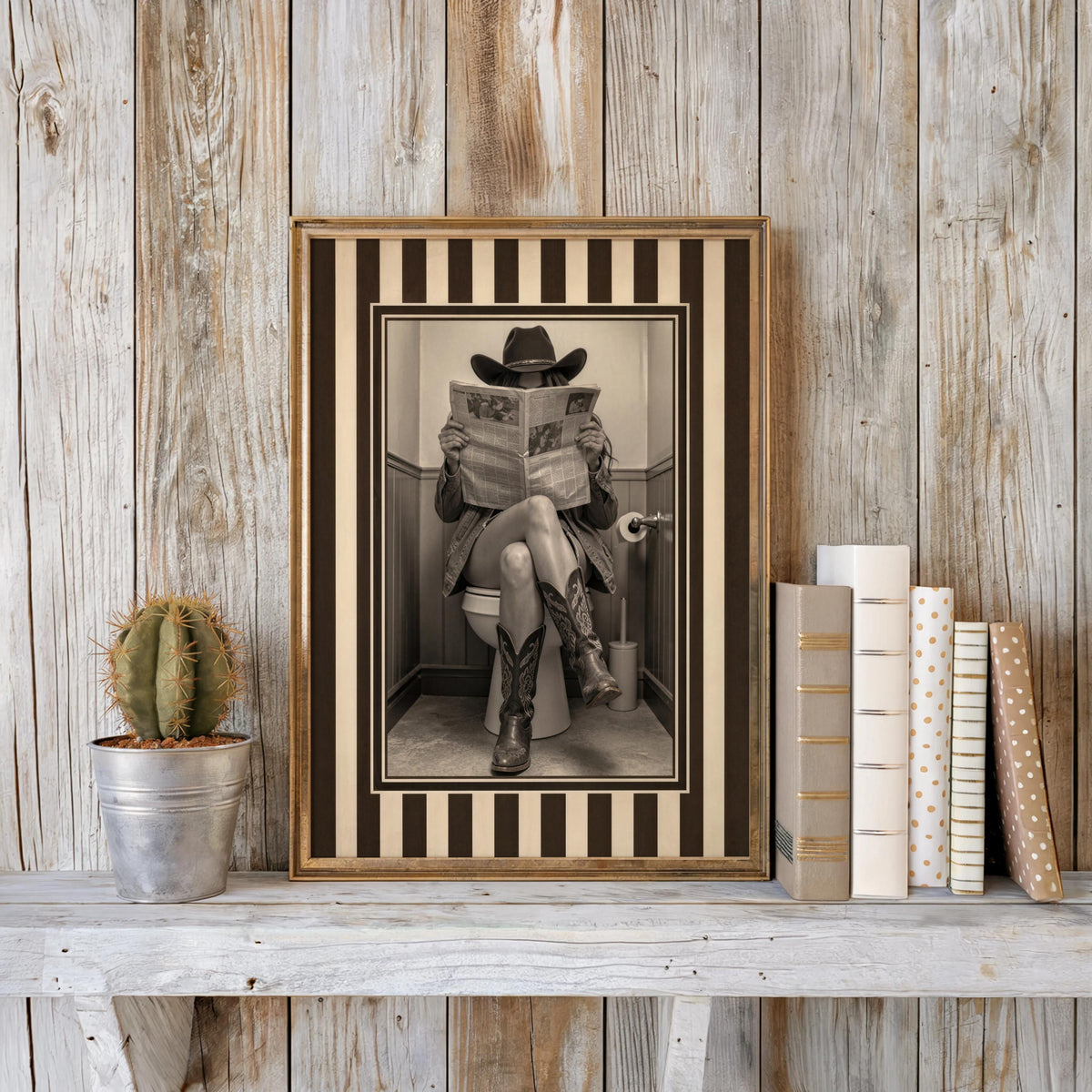 Leaning frame against whitewashed planks, sepia cowgirl reading a newspaper on a toilet, vintage cowgirl print meets cowboy bathroom decor, funny cowgirl bathroom wall art