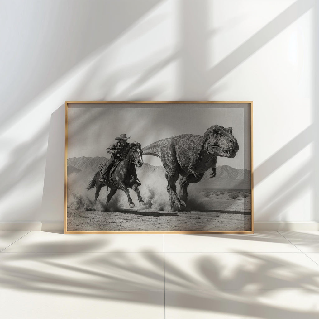 Low framed cowboy dinosaur wall art under window, dramatic shadows emphasize T-Rex desert chase.