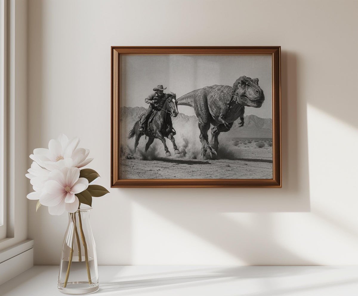 Wall-mounted cowboy and T-Rex print above console, muted sepia tones and rustic frame highlight adventure.