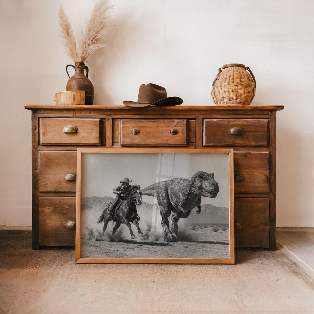 Rustic dresser with cowboy dinosaur wall art propped in front, cinematic black and sepia tones.