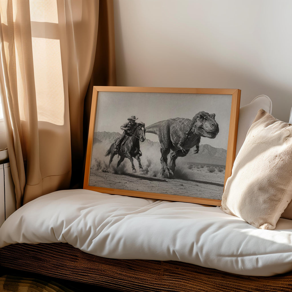 Leaning cowboy dinosaur wall art beside cushions and curtains, vintage western wall decor vibe.