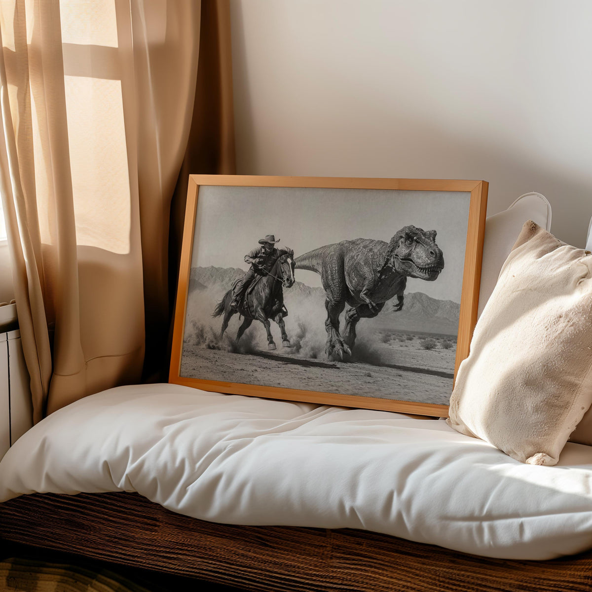 Leaning cowboy dinosaur wall art beside cushions and curtains, vintage western wall decor vibe.