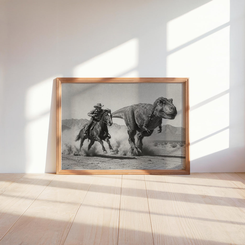 Sunlit shelf with cowboy dinosaur wall art leaning, high-contrast black and white dinosaur print scene.